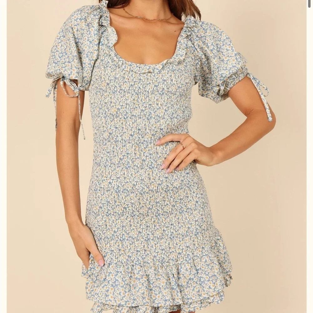Mable Womens Marabella Shirred Mini Dress Blue Floral Puff Sleeve Size S